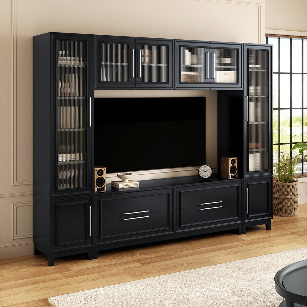 English Elm Vibe Haus Fluted Glass Wall Unit Tall Mdf Entertainment Console for Living Room N893S000011B