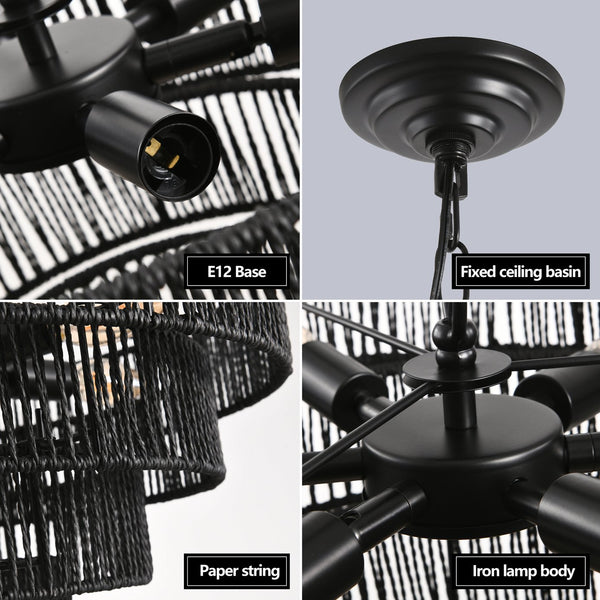 English Elm 20" Rustic 4-Tier Black Hemp Rope Chandelier with 6 E12 Sockets Adjustable Height Boho Light Fixture W2312P374789