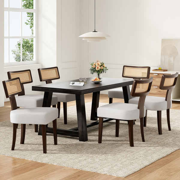 English Elm Upholstered Armless Dining Chairs with Rattan Back Hardwood Frame French Country Set of 2 Beige,Walnut T3623P411732
