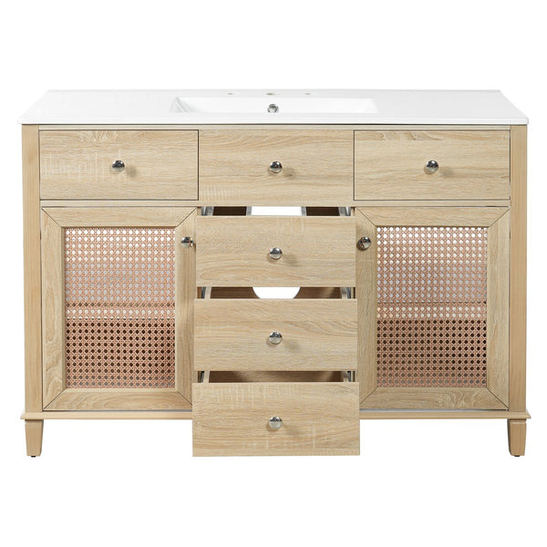 English Elm 48-inch Rattan Bathroom Vanity Solid Wood Frame Five Drawers Ceramic Sink Coastal Boho N765P38884950E