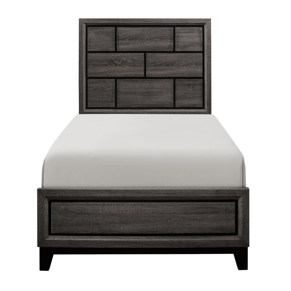 English Elm Modern Twin Bed Gray Finish Wood Grain Twin Bedframe with Line-Design Headboard, Contemporary Style B011S01974