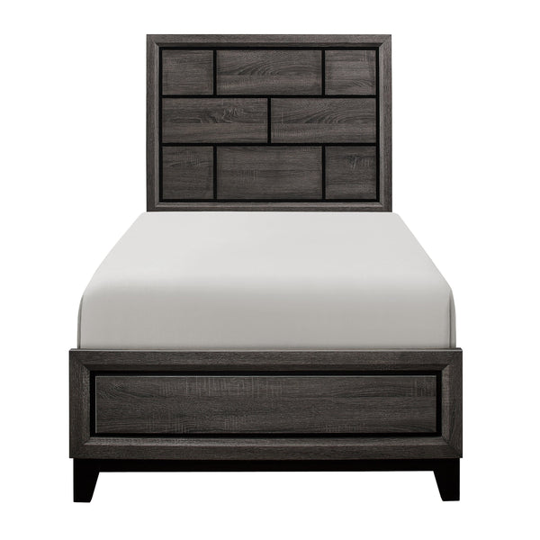English Elm Modern Twin Bed Gray Finish Wood Grain Twin Bedframe with Line-Design Headboard, Contemporary Style B011S01974