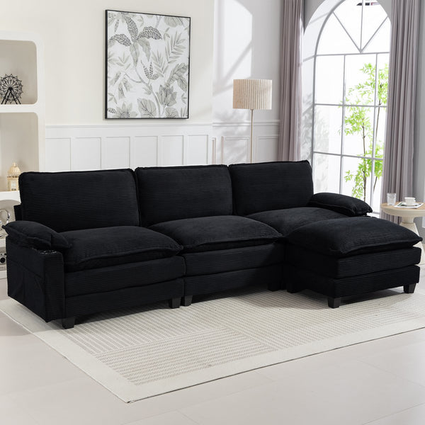 English Elm Modern Black Corduroy L-shaped Sectional with Ottoman for Spacious Living Rooms W2715P382263