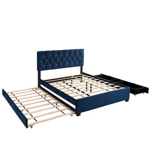 English Elm MODERN Velvet Queen Bed with Twin Trundle, 2 Storage Drawers, Gold Button Accents, 600lb Capacity Blue W1867S00013