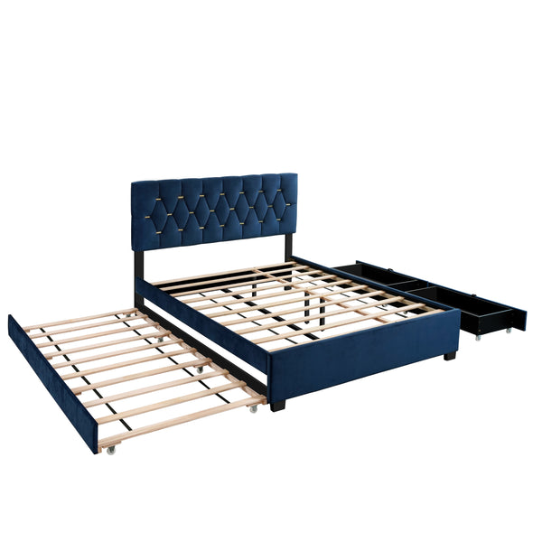 English Elm MODERN Velvet Queen Bed with Twin Trundle, 2 Storage Drawers, Gold Button Accents, 600lb Capacity Blue W1867S00013