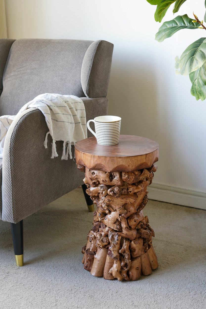 English Elm 11.8x11.8x18.1" Paulownia Wood Sculptural Side Table with Mosaic Hourglass Base W2078P461603