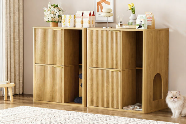 English Elm 31.5-inch Grooved Wood Cat Litter Cabinet with Integrated Tree Mid-century Pet Furniture Natural W1162P407685