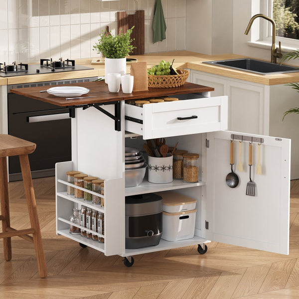 English Elm K&k Farmhouse Rolling Kitchen Cart with Drop Leaf Drawer Open Rack Lockable Wheels White N707P404539W