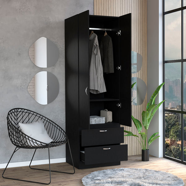 English Elm Vico 76" High Armoire Wardrobe Closet with 2 Drawers, Hanging Rod & Shelves - Black Engineered Wood Storage Organizer B070P188837
