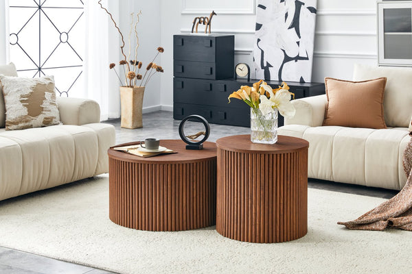 English Elm 2-piece Round Nesting Tables with Fluted Column Base Hidden Storage Oak Grain Finish Walnut W3875P396845