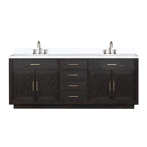 English Elm Abbey 84" Black Oak Double Bath Vanity With Cultured Marble Top & Polished Chrome Faucet Set B2731P260880
