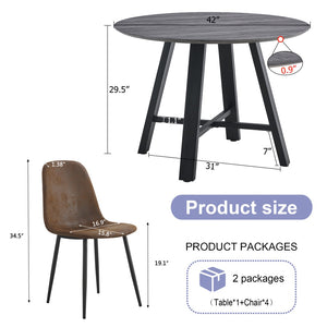 English Elm Table Modern Minimalist 42" Round Dining Set With 4 Ergonomic Brown Chairs & Black Metal Legs W1151S04062-GIGA