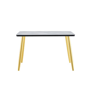 English Elm Modern Marble Look Glass Top Dining Table with Gold Tapered Legs Seats Six W1151S04619
