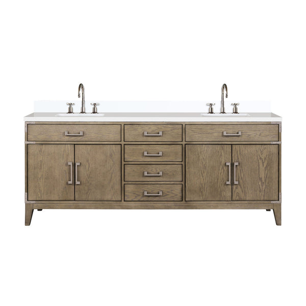 English Elm Grey Oak Double Bath Vanity 80" W x 22" D with White Quartz Top, Chrome Gooseneck Faucet, Soft-Close Storage B2731P259941
