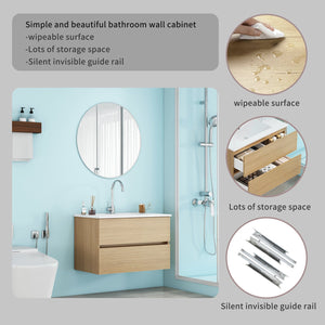 English Elm 32-Inch Wall-Mounted Bathroom Vanity With Soft-Close Drawers, Ceramic Sink & Modern Design Finish W3151S00041