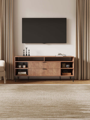 English Elm Dumbo 63" Fluted Media Console with Gold Legs, 2 Drawers, 6 Shelves & Wire Management Elegance Brown B365P397913