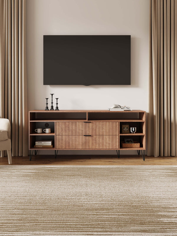 English Elm Dumbo 63" Fluted Media Console with Gold Legs, 2 Drawers, 6 Shelves & Wire Management Elegance Brown B365P397913