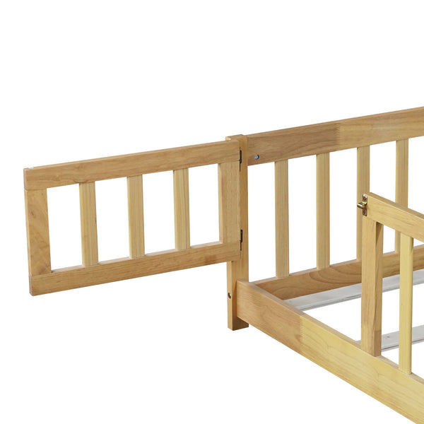 English Elm Twin Size Rubberwood Floor Bed with Safety Fence for Toddler Rooms Natural Finish W504P370531