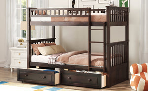English Elm Twin Over Solid Pine Bunk Bed with Rolling Drawers and Convertible Platform GX000240AAP