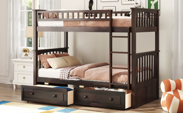 English Elm Twin Over Solid Pine Bunk Bed with Rolling Drawers and Convertible Platform GX000240AAP