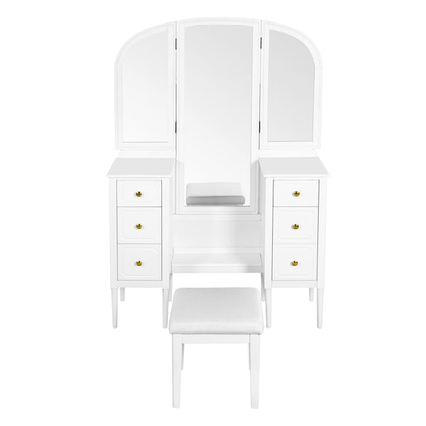 English Elm Antique Glam Vanity Desk with Triple Mirror, Stool & 6 Drawers, Full‑Length Mirror, White Elegance N844P285297A