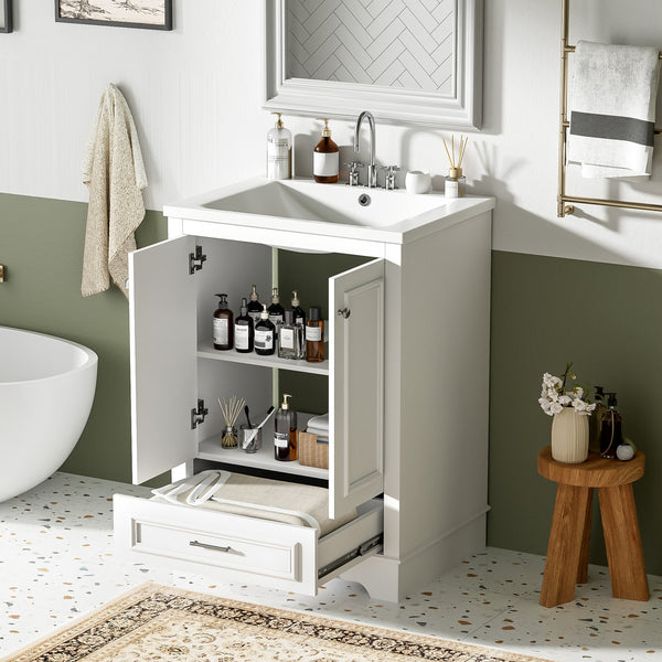 English Elm 24'' Bathroom Vanity with Ceramic Sink Combo Modern Freestanding MDF Cabinet with Soft-Close Doors and Sleek Silver Handles for Spacious Organized Bathroom Storage White N710P194893K