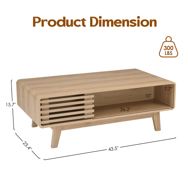 English Elm Coffee Table with Four Open Compartments Solid Wood Legs Mid Century Farmhouse Style Natural T3623P431252