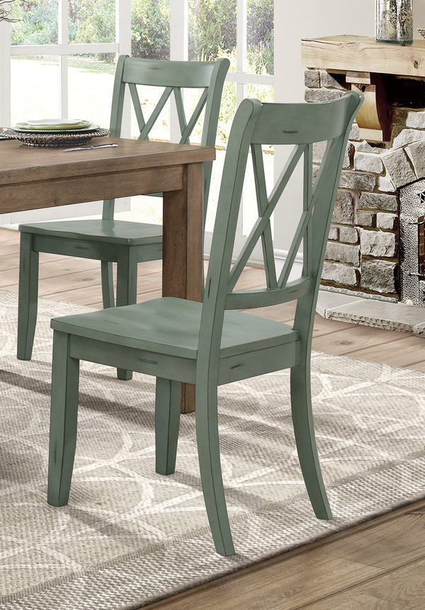 English Elm 5pc Farmhouse Dining Set Pine Table with Four Double X Back Chairs for Kitchen Brown+Teal B011S00998