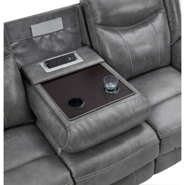 English Elm Hudson Grey Faux Leather Motion Sofa with Dual Recliners, Cupholders, Pop-Up Outlet & Drawer B062P357810