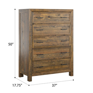English Elm Wallace & Bay - Brown Rustic 5-Drawer Chest in Caramel Wood Finish — Space-Saving, Low-Maintenance Storage for Bedroom B361P384478