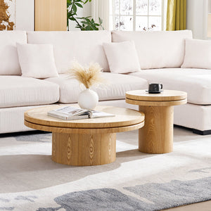 English Elm 35.43 Inch Round Sintered Stone Coffee Table with Mdf Pedestal Base for Modern Living W876S00351