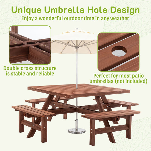 English Elm 8-person Square Wood Picnic Table with Umbrella Hole Reinforced Outdoor Dining Set W1422P392906