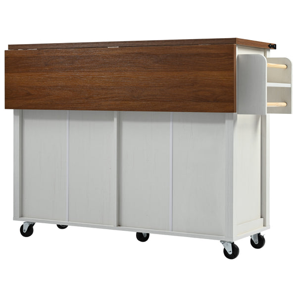 English Elm K&K Farmhouse Kitchen Island Cart 53.5" with Drop Leaf, Built-In Power Station, Ample Storage & Wheels White N707P170348W