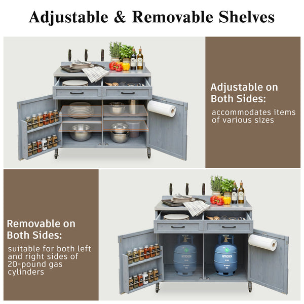 English Elm K&k Outdoor Prep Station Stainless Steel Top Fir Wood Cabinet with Drawer and Wheels Grey+Blue N707P370273G