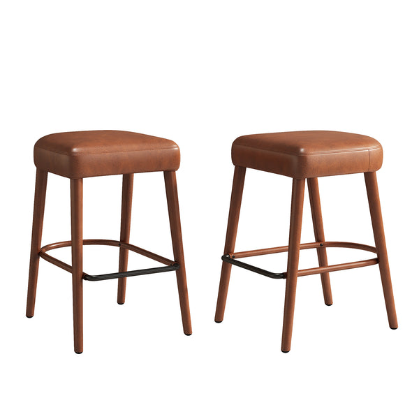 English Elm Backless Blue Fabric Upholstered Counter Stools Set of Two with Padded Seat Footrest W5096P400683
