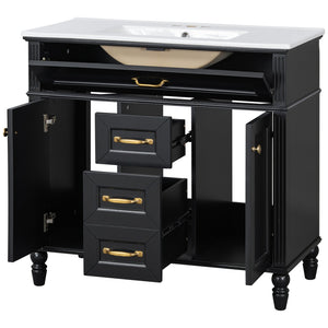 English Elm 36 Inch Bathroom Vanity with Ceramic Sink, Durable MDF & Solid Wood Frame, Soft-Close Doors, Luxe Handles, Ample Organized Storage, Modern Freestanding Design Black N725P314034B