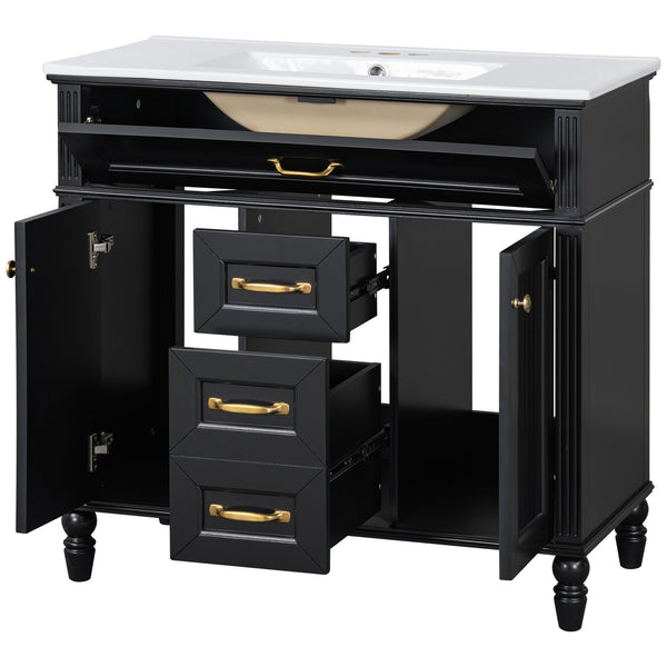 English Elm 36 Inch Bathroom Vanity with Ceramic Sink, Durable MDF & Solid Wood Frame, Soft-Close Doors, Luxe Handles, Ample Organized Storage, Modern Freestanding Design Black N725P314034B