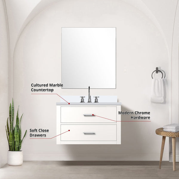 English Elm White Single Bath Vanity Set With Cultured Marble Top, Mirror & Chrome Faucet - Elegant & Easy Install! B2731S01974-GIGA