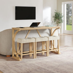 English Elm 59 Inch Bar Table Set with Power Outlet Rubberwood Frame and 3 Linen Stools Light Oak W2972P385256