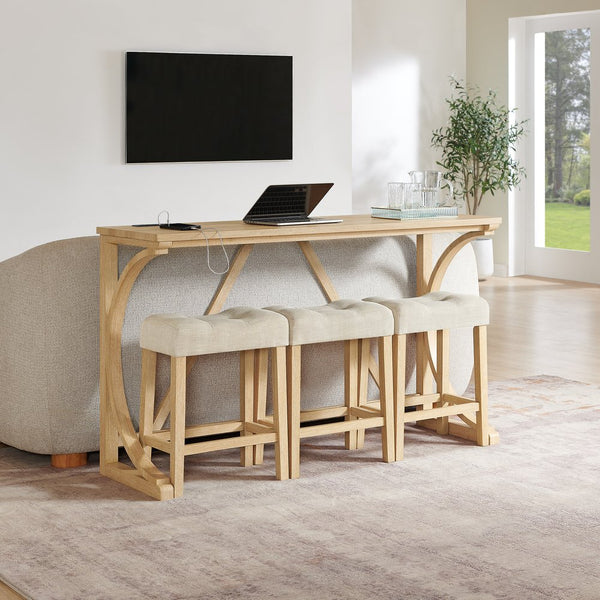 English Elm 59 Inch Bar Table Set with Power Outlet Rubberwood Frame and 3 Linen Stools Light Oak W2972P385256