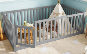 English Elm Twin Floor Bed Pine Wood Frame with Guardrails and Door for Safe Toddler Sleep Gray W1580P418051