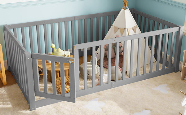 English Elm Twin Floor Bed Pine Wood Frame with Guardrails and Door for Safe Toddler Sleep Gray W1580P418051