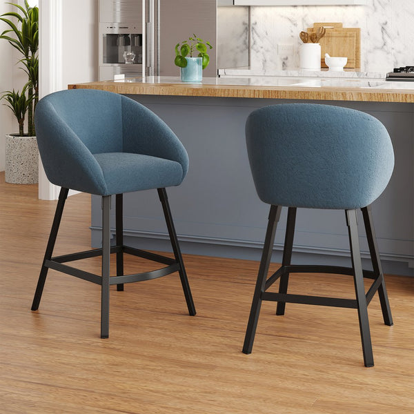 English Elm Bar Upholstered Counter Stool Set of 2 with Back and Armrests, Velvet Seat, 27" Comfort Height, Durable Blue T3623P407968