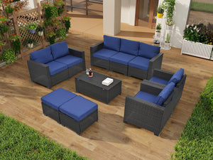 English Elm 10 PE Rattan Patio Furniture Set - 10-Piece Sectional Sofa with Dark Blue Cushions & Glass Storage Table Brown Multi W1703S00046