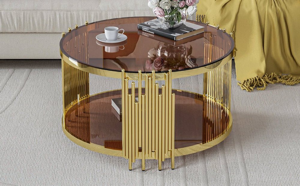 English Elm 31.5inch Modern Luxury Gold Coffee Table with Two-Tier Storage, Tempered Glass Top, Elegant Crown Design Dark Brown W1550P171485