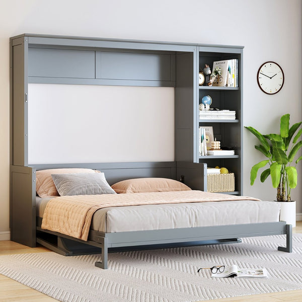 English Elm Queen Size Murphy Bed With Integrated Desk & Bookshelf – Stylish Gray Space-Saving Solution! N7090004016E-GIGA