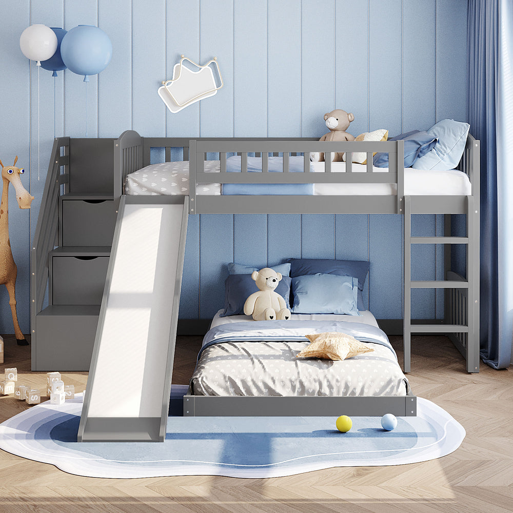 English Elm Stairway Twin Bunk Bed with Slide Storage Drawers and Safe Staircase for Kids LT200156AAE