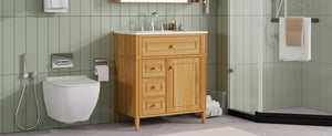 English Elm 30" Pine Wood Bathroom Vanity with Ceramic Sink Soft Close Drawers and Vintage Knobs N725P375498N