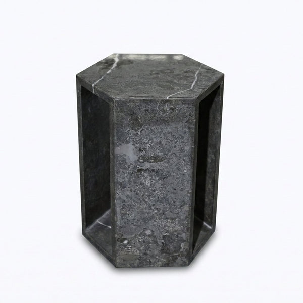 English Elm Genuine Solid Marble Hexagonal Pedestal End Table Polished Stone for Modern Living Dark Gray W1696P408001