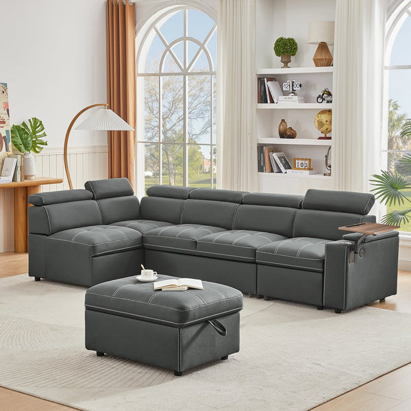English Elm Grey Fabric Sectional Sofa Bed with Storage Ottoman, Pocket Spring Seats, Foam Comfort, Black Legs W588S00074